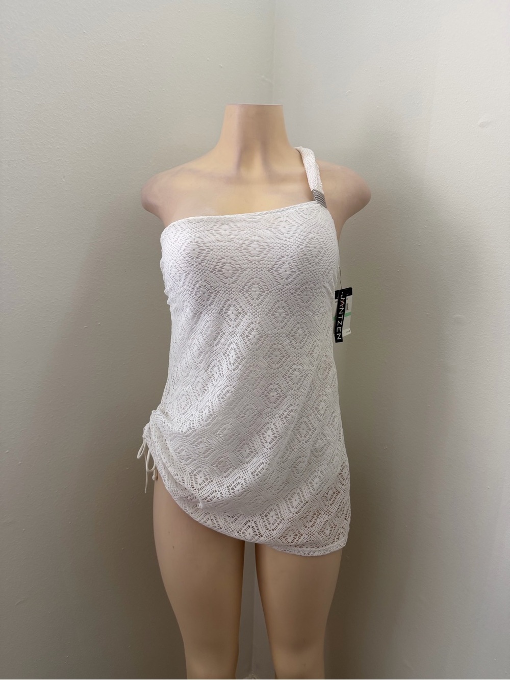 Jantzen One Shoulder One-Piece Swimsuit with Crochet Cover-Up – White